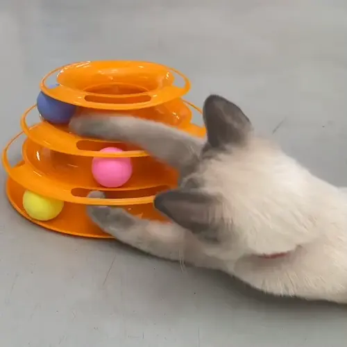 Třípatrová hrací věž CatMotion s barevnými míčky pro kočky