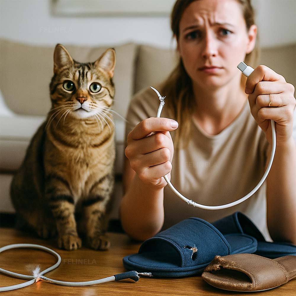 Kočka a kousací šňůrky jako bezpečnější alternativa ke kabelům a pantoflím