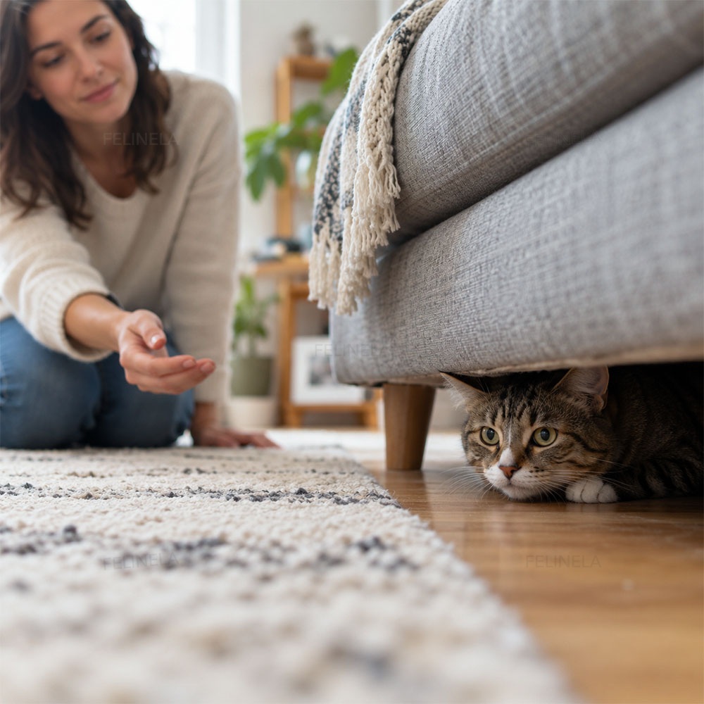 Žena natahuje ruku ke kočce, která se schovává pod pohovkou