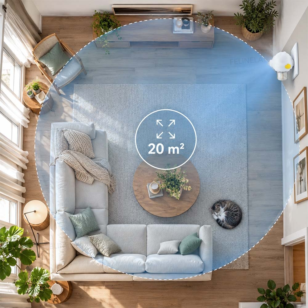 Pohled shora na obývací pokoj s vyznačeným pokrytím difuzéru až 20 m²