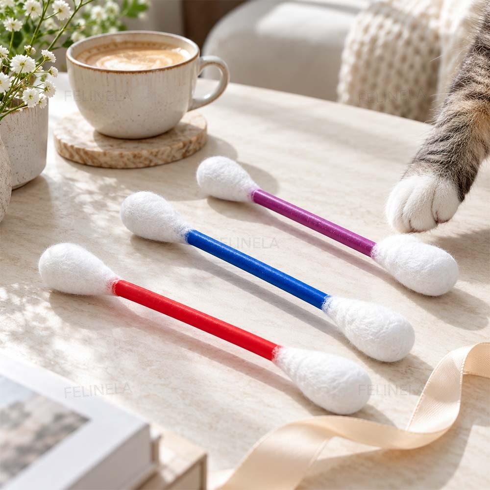 Tři kočičí tyčinky XXL na stolku vedle šálku a stužky, poblíž kočičí tlapka