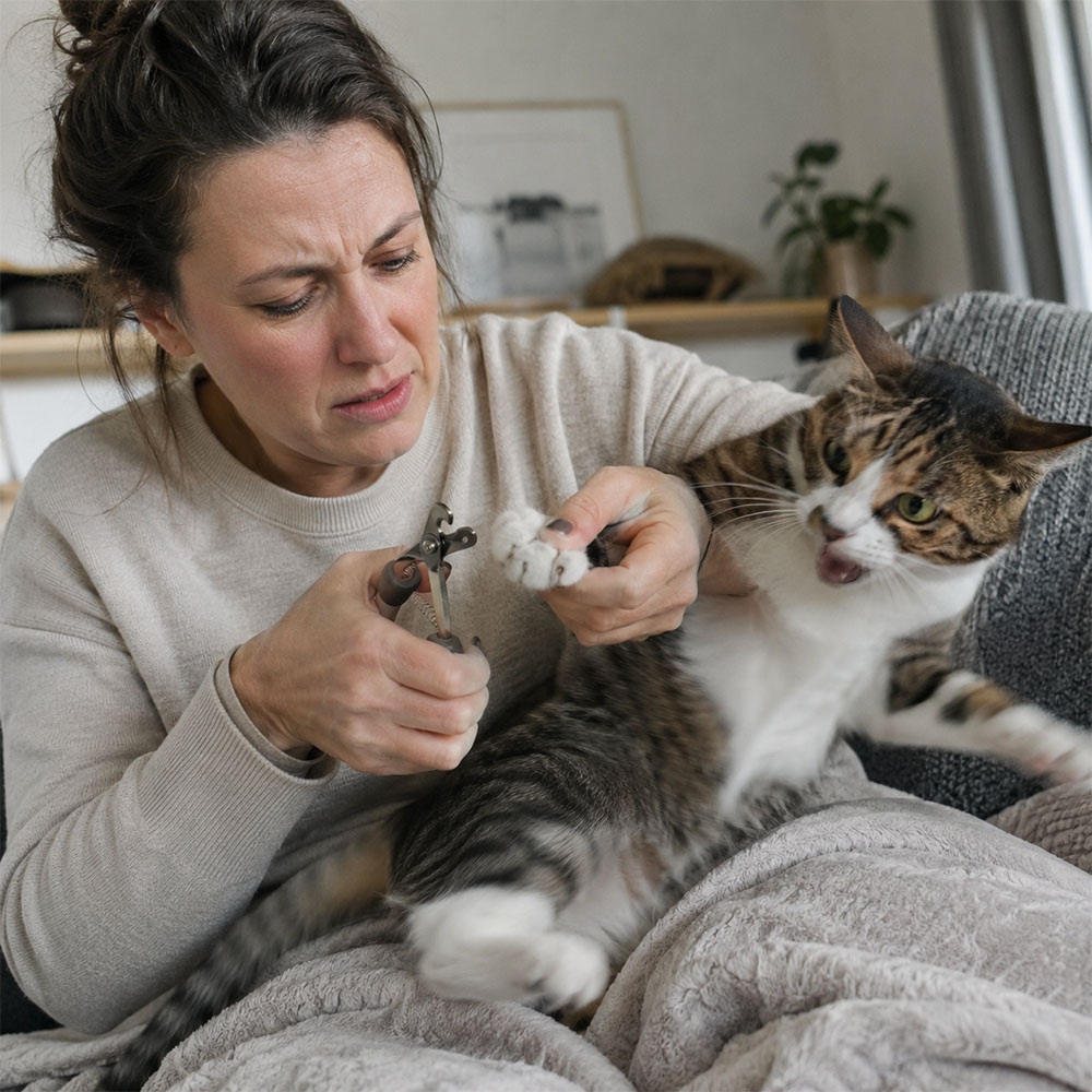 Žena se pokouší ostříhat drápky kočce, která ucukává tlapkou
