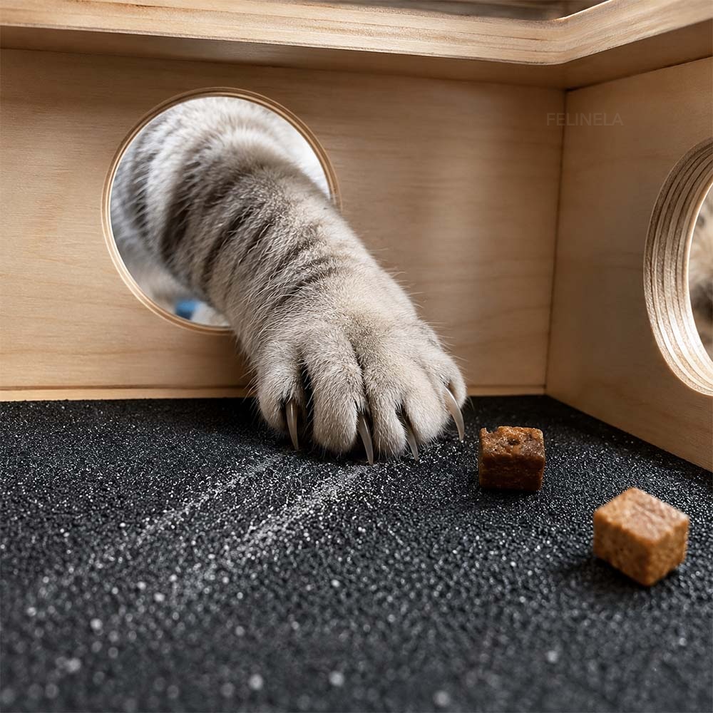 Kočičí tlapka prostrčená otvorem hlavolamu, na černé brusné vložce leží pamlsky