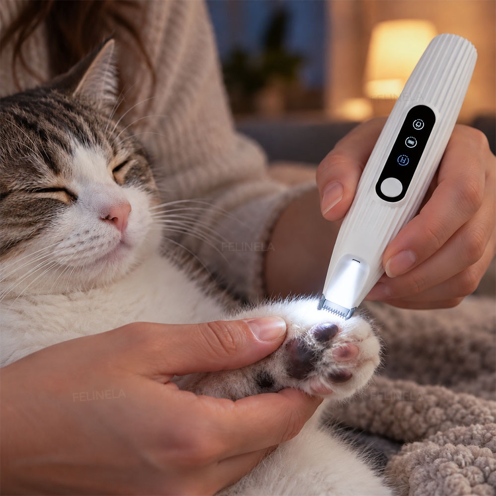 Zastřihovač se zapnutou LED diodou osvětluje kočičí tlapku