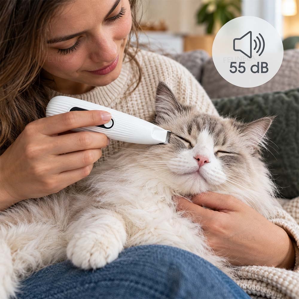 Žena zastřihuje srst kolem čenichu klidné kočky, vedle je ikona s údajem 55 dB