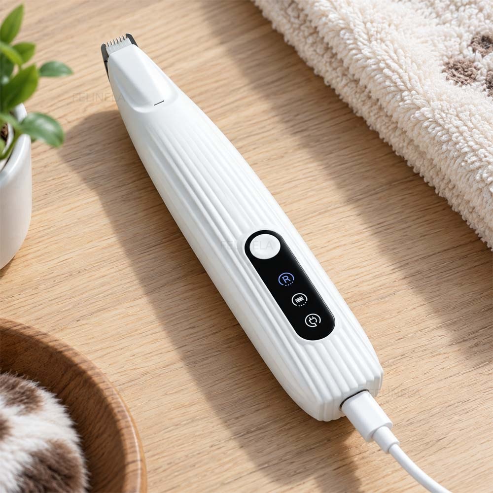 Zastřihovač s připojeným kabelem USB-C na dřevěné desce